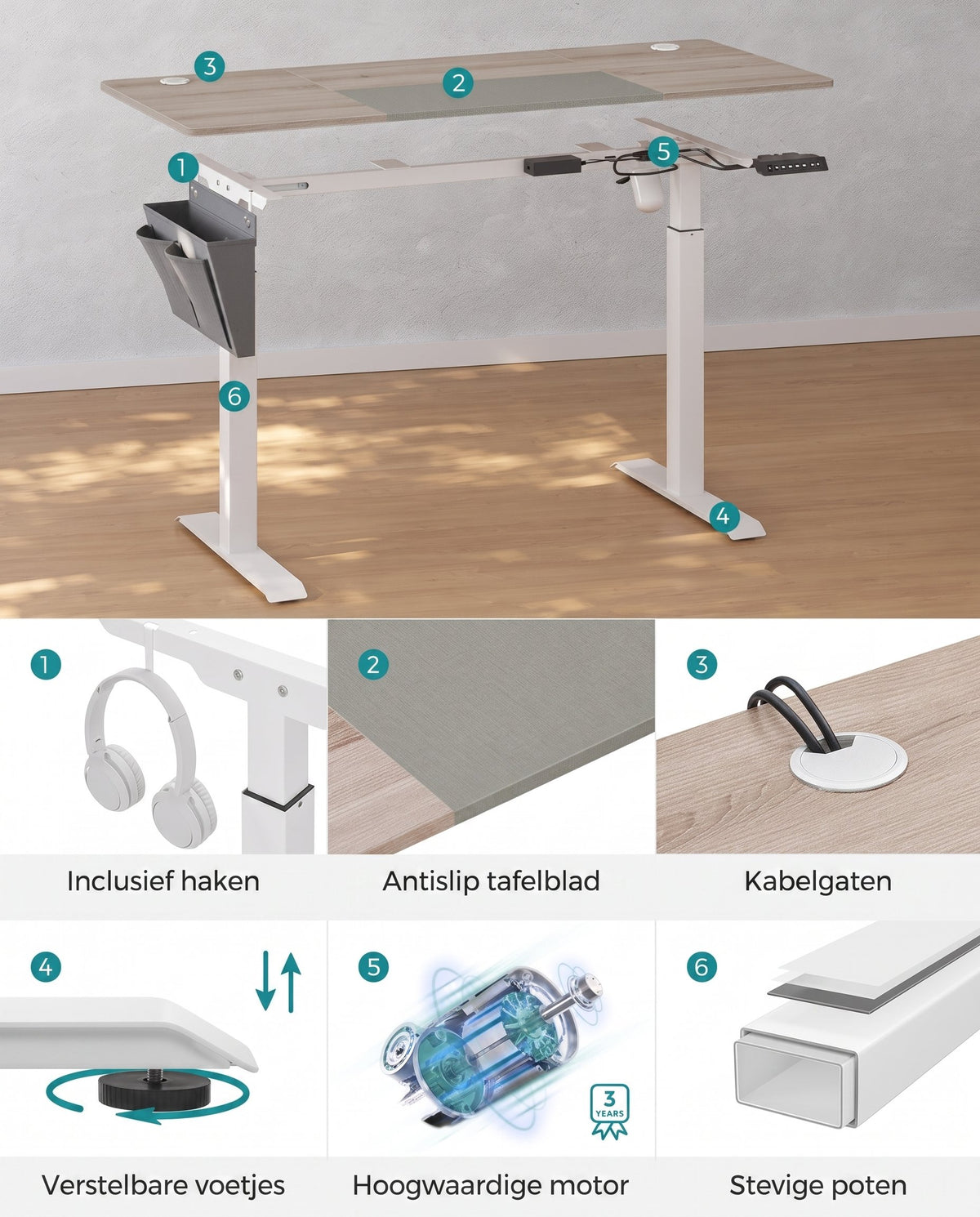 Elektrisch Zit-Sta Bureau met Gesplitst Blad, Stoffen Zak en 4 Geheugenstanden