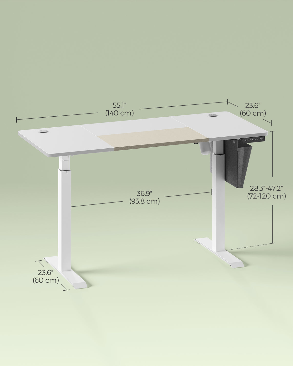 Elektrisch Zit-Sta Bureau met Gesplitst Blad, Stoffen Zak en 4 Geheugenstanden