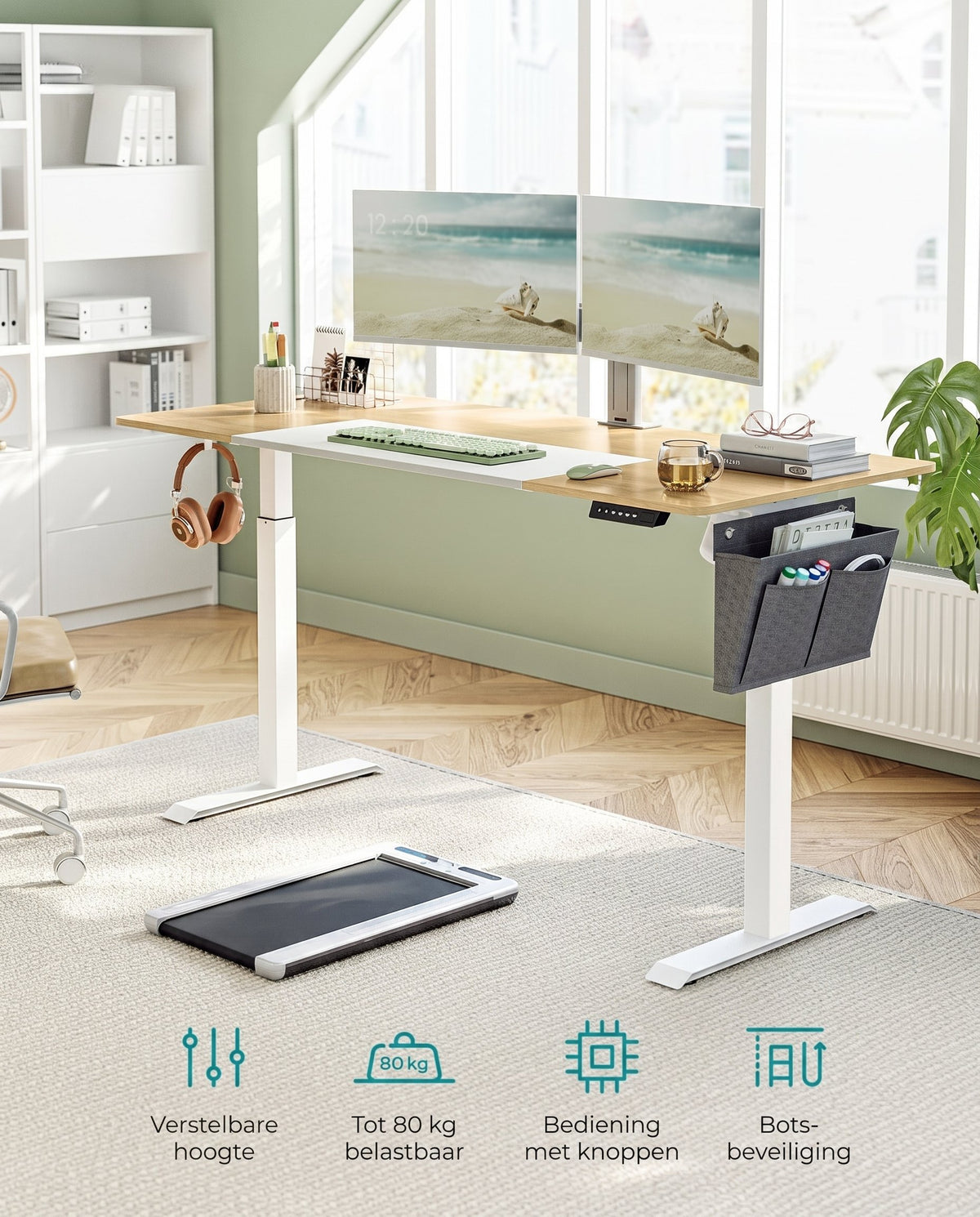 Elektrisch Zit-Sta Bureau met 2 Stopcontacten en 3 Haken, 70 x 160 cm