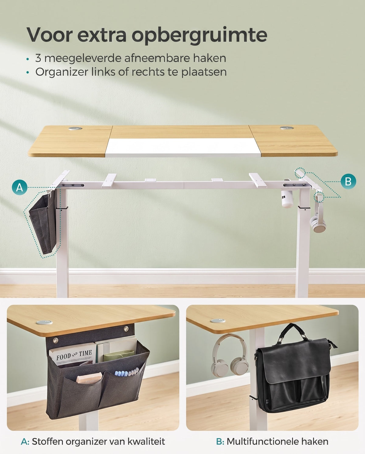 Elektrisch Zit-Sta Bureau met 2 Stopcontacten en 3 Haken, 70 x 160 cm