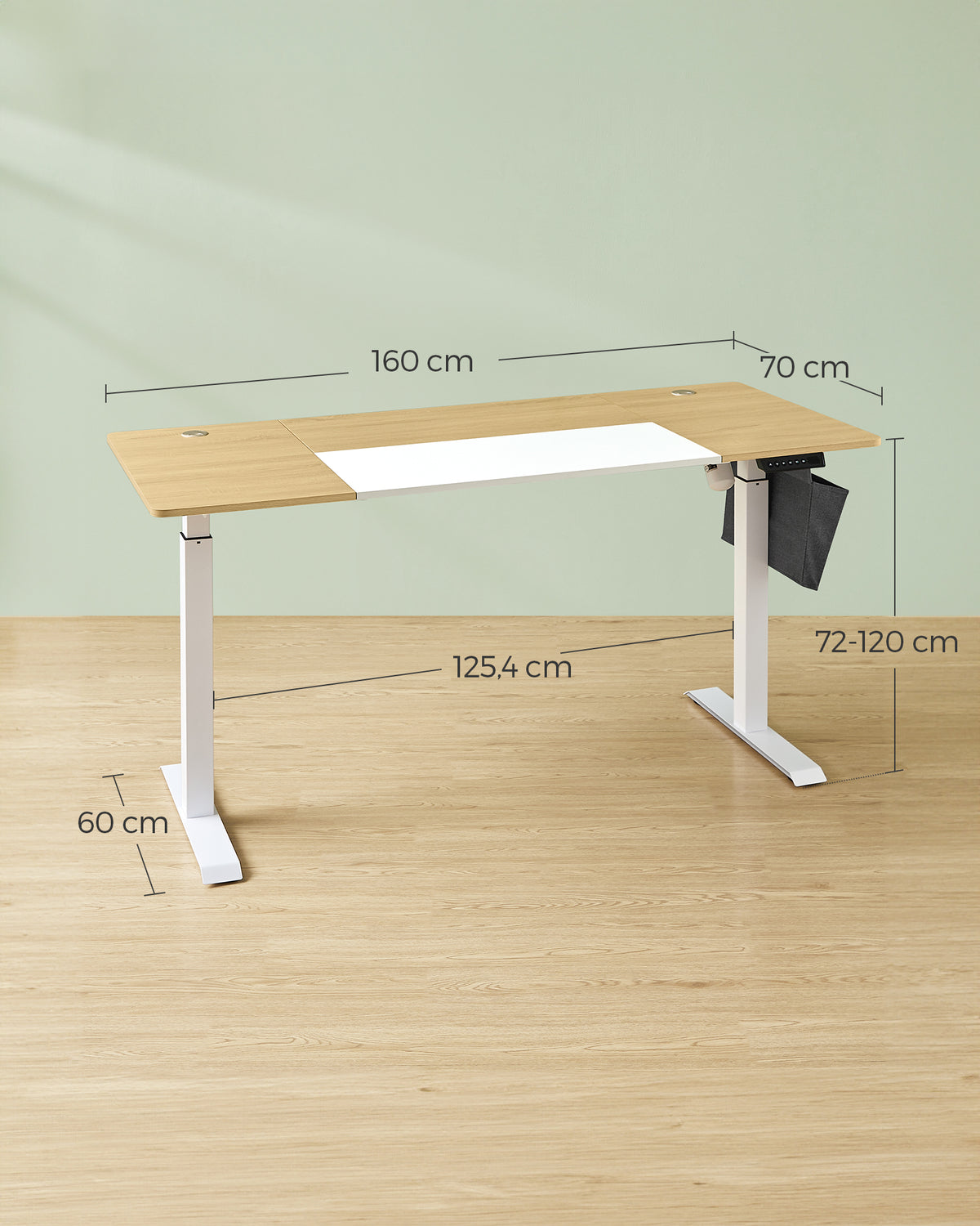 Elektrisch Zit-Sta Bureau met 2 Stopcontacten en 3 Haken, 70 x 160 cm