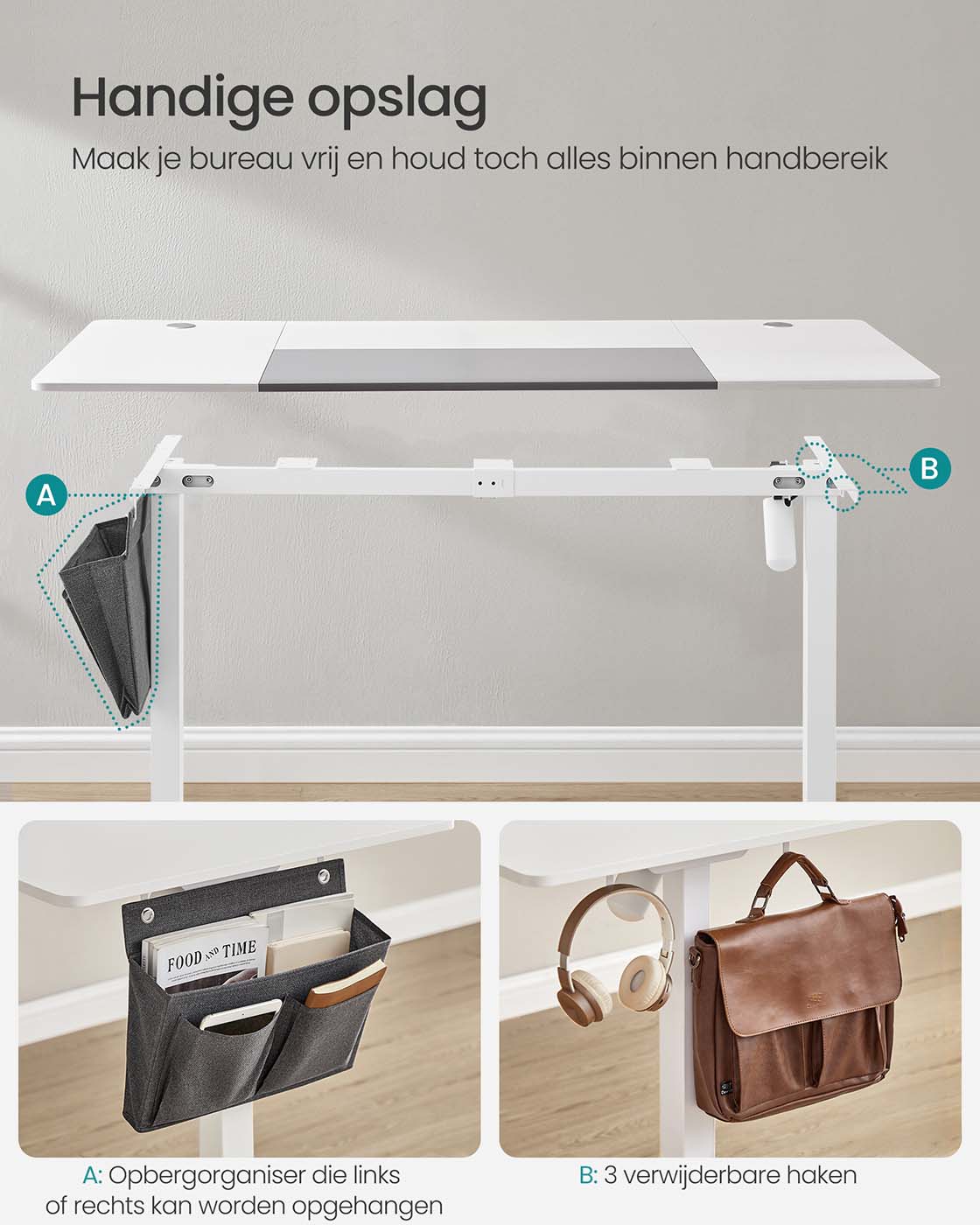 Elektrisch Zit-Sta Bureau met 2 Stopcontacten en 3 Haken, 70 x 160 cm