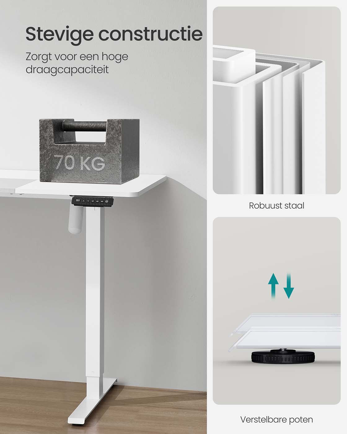 Elektrisch Zit-Sta Bureau met 2 Stopcontacten en 3 Haken, 70 x 160 cm