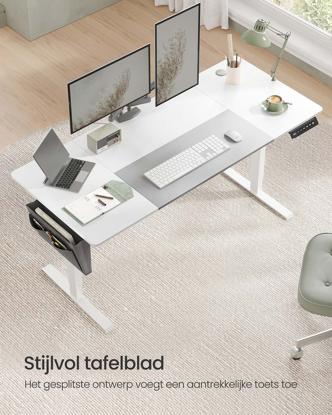 Elektrisch Zit-Sta Bureau met 2 Stopcontacten en 3 Haken, 70 x 160 cm
