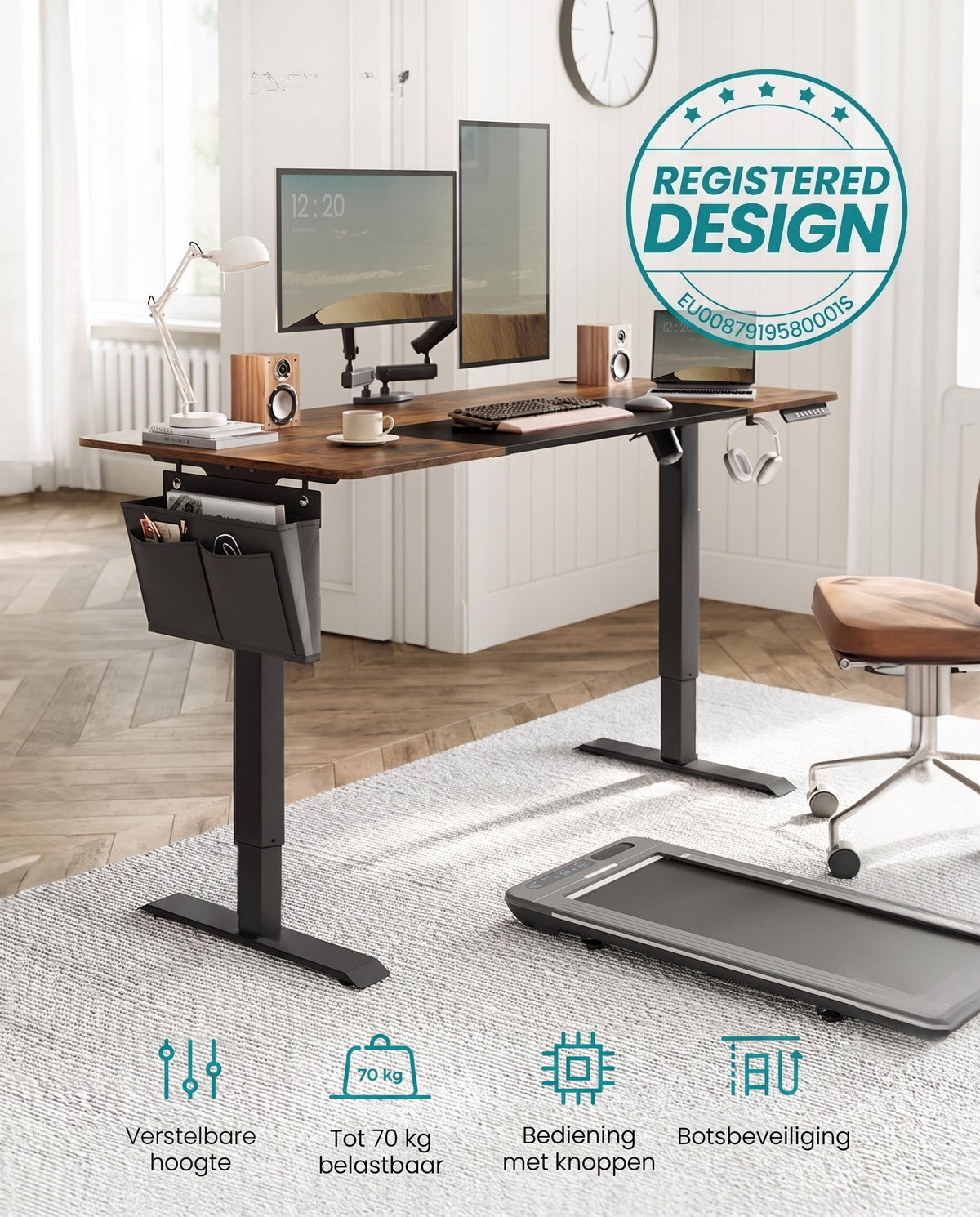 Elektrisch Zit-Sta Bureau met 2 Stopcontacten en 3 Haken, 70 x 160 cm