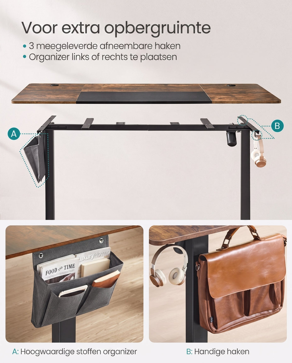 Elektrisch Zit-Sta Bureau met 2 Stopcontacten en 3 Haken, 70 x 160 cm