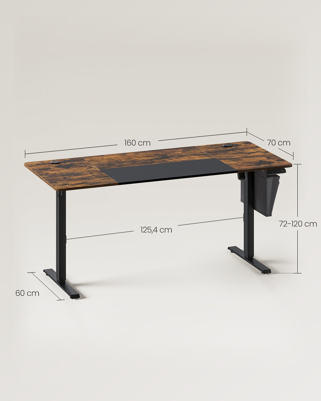 Elektrisch Zit-Sta Bureau met 2 Stopcontacten en 3 Haken, 70 x 160 cm