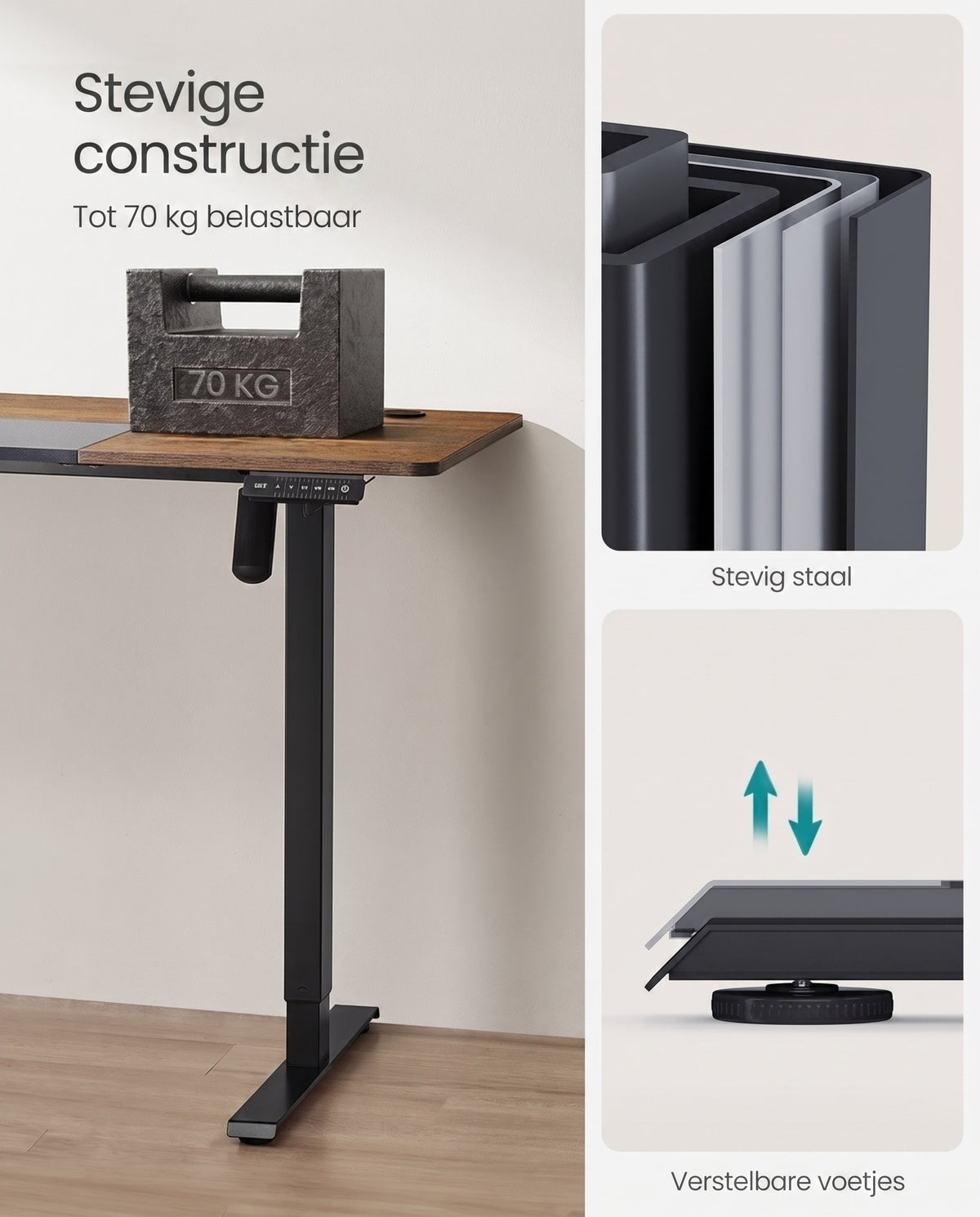 Elektrisch Zit-Sta Bureau met 2 Stopcontacten en 3 Haken, 70 x 160 cm