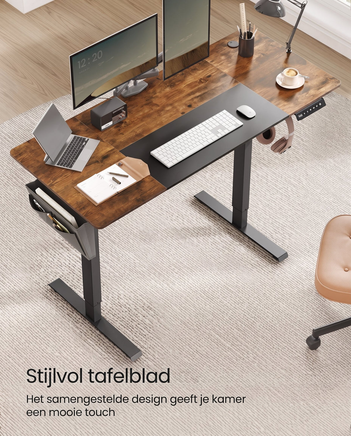 Elektrisch Zit-Sta Bureau met 2 Stopcontacten en 3 Haken, 70 x 160 cm