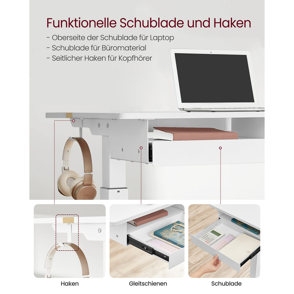 Elektrisch Zit-Sta Bureau met Stopcontact en Lade, 4 Geheugenstanden