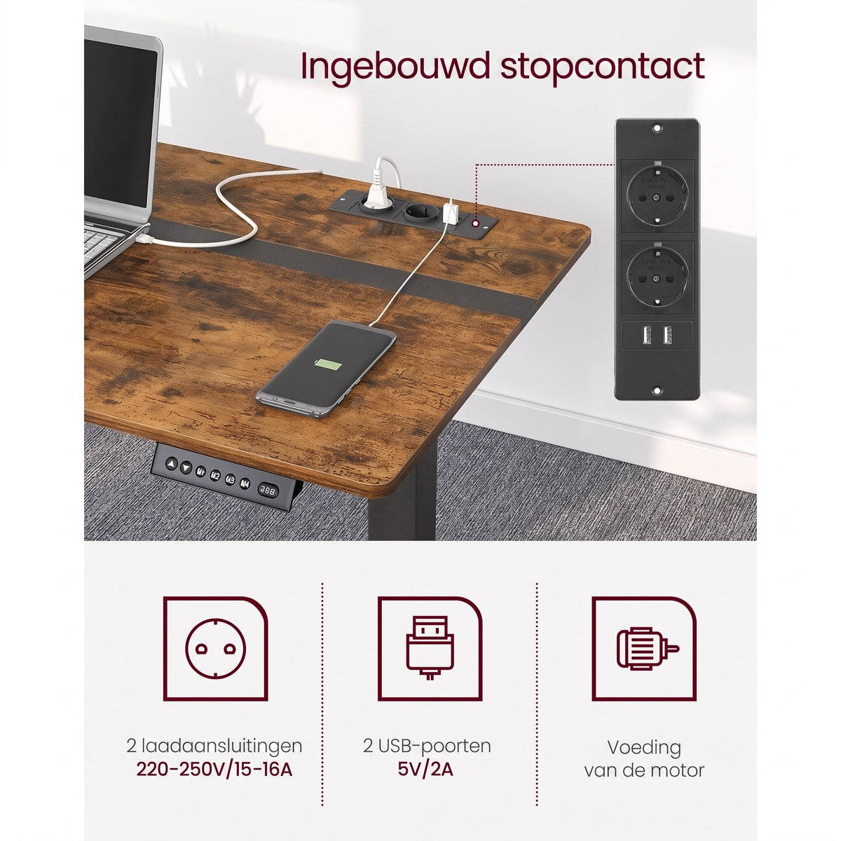 Elektrisch Zit-Sta Bureau met Stopcontact en Lade, 4 Geheugenstanden