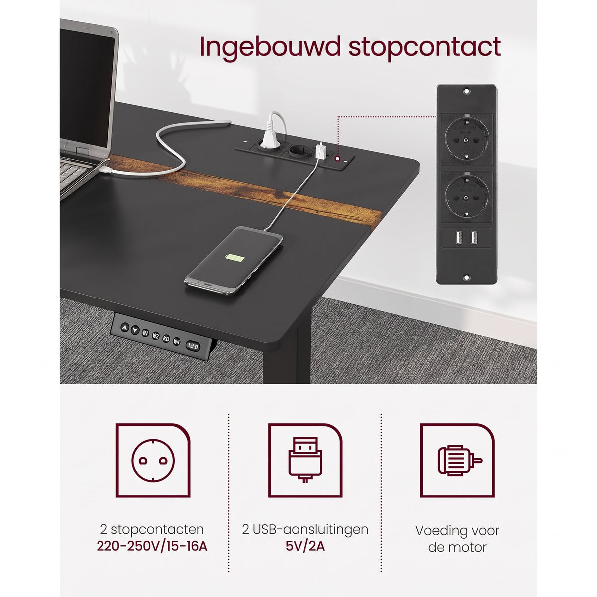 Elektrisch Zit-Sta Bureau met Stopcontact en Lade, 4 Geheugenstanden
