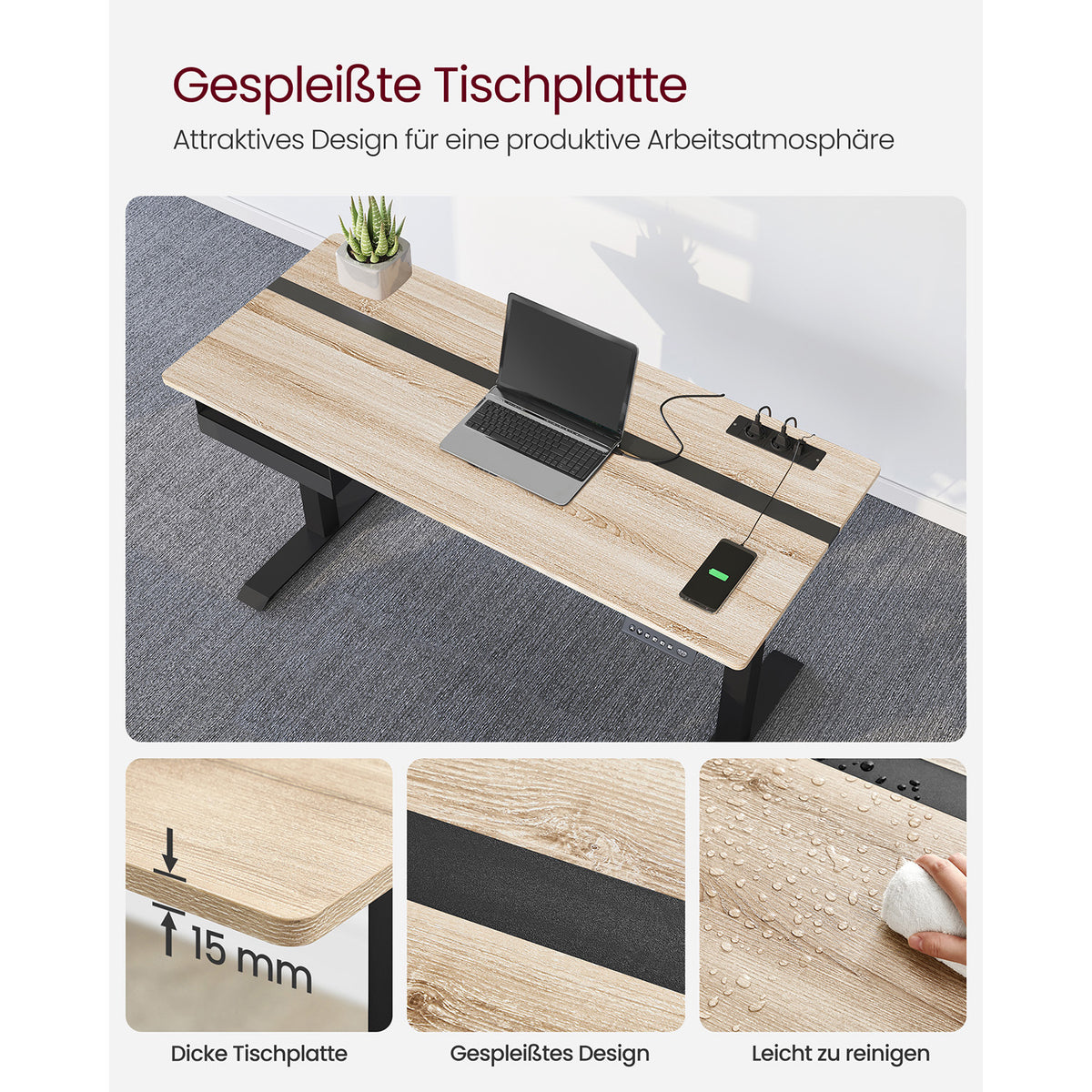 Elektrisch Zit-Sta Bureau met Stopcontact en Lade, 4 Geheugenstanden
