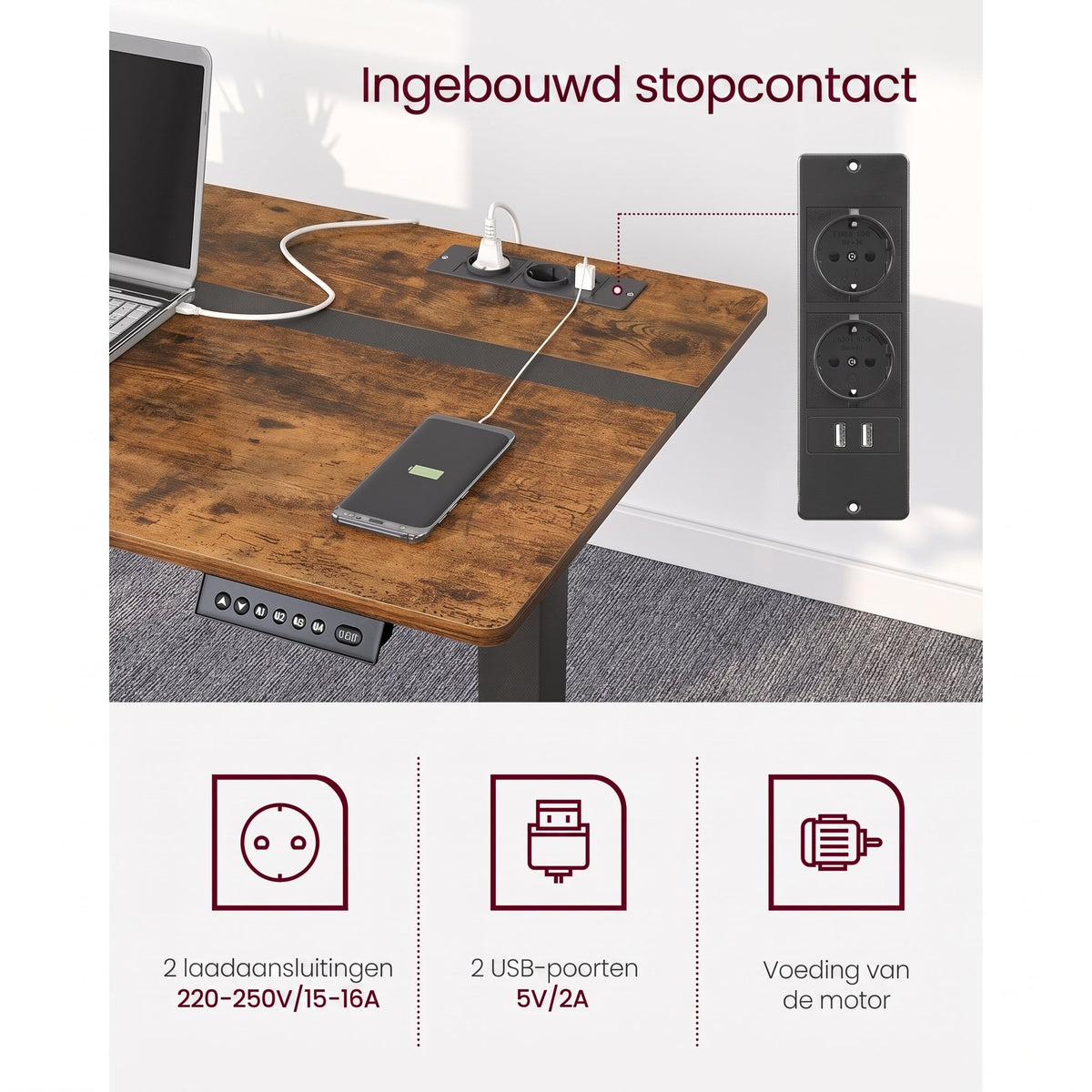 Elektrisch Zit-Sta Bureau met Stopcontact en Lade, 4 Geheugenstanden