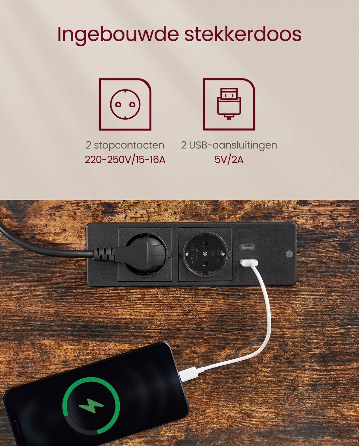 Elektrisch Zit-Sta Bureau met Stopcontact en Lade, 4 Geheugenstanden
