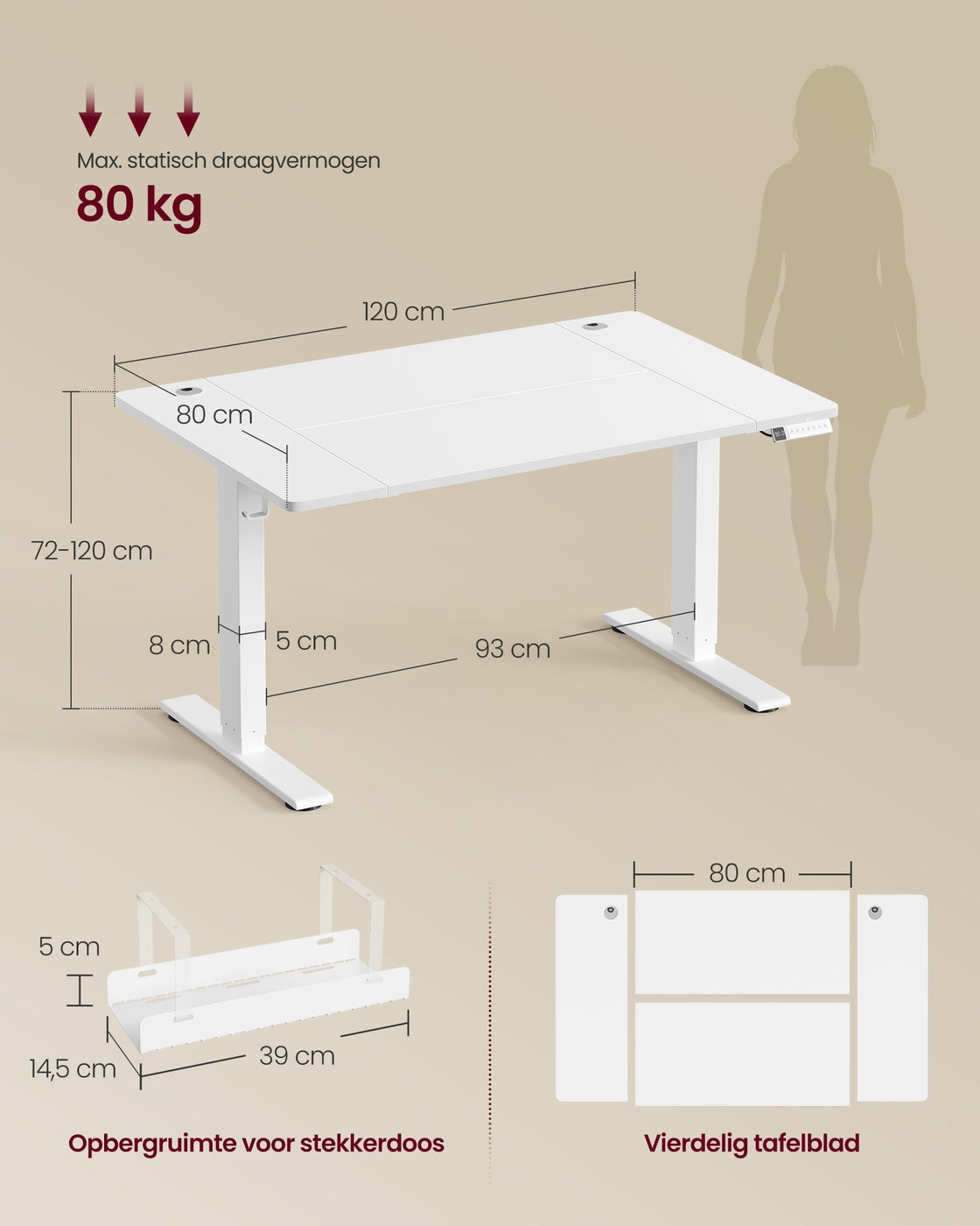 Elektrisch Zit-Sta Bureau met USB-C Snellader en Plank voor Stekkerdoos, 80 cm Diep