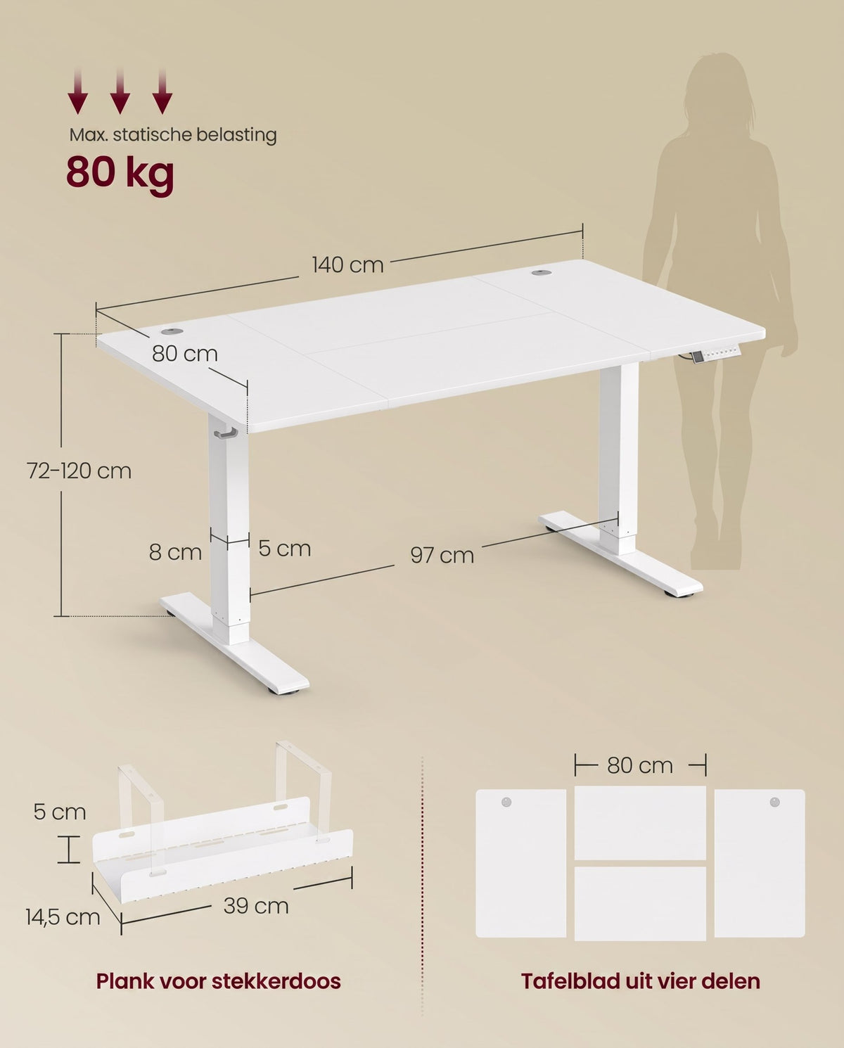 Elektrisch Zit-Sta Bureau met USB-C Snellader en Plank voor Stekkerdoos, 80 cm Diep
