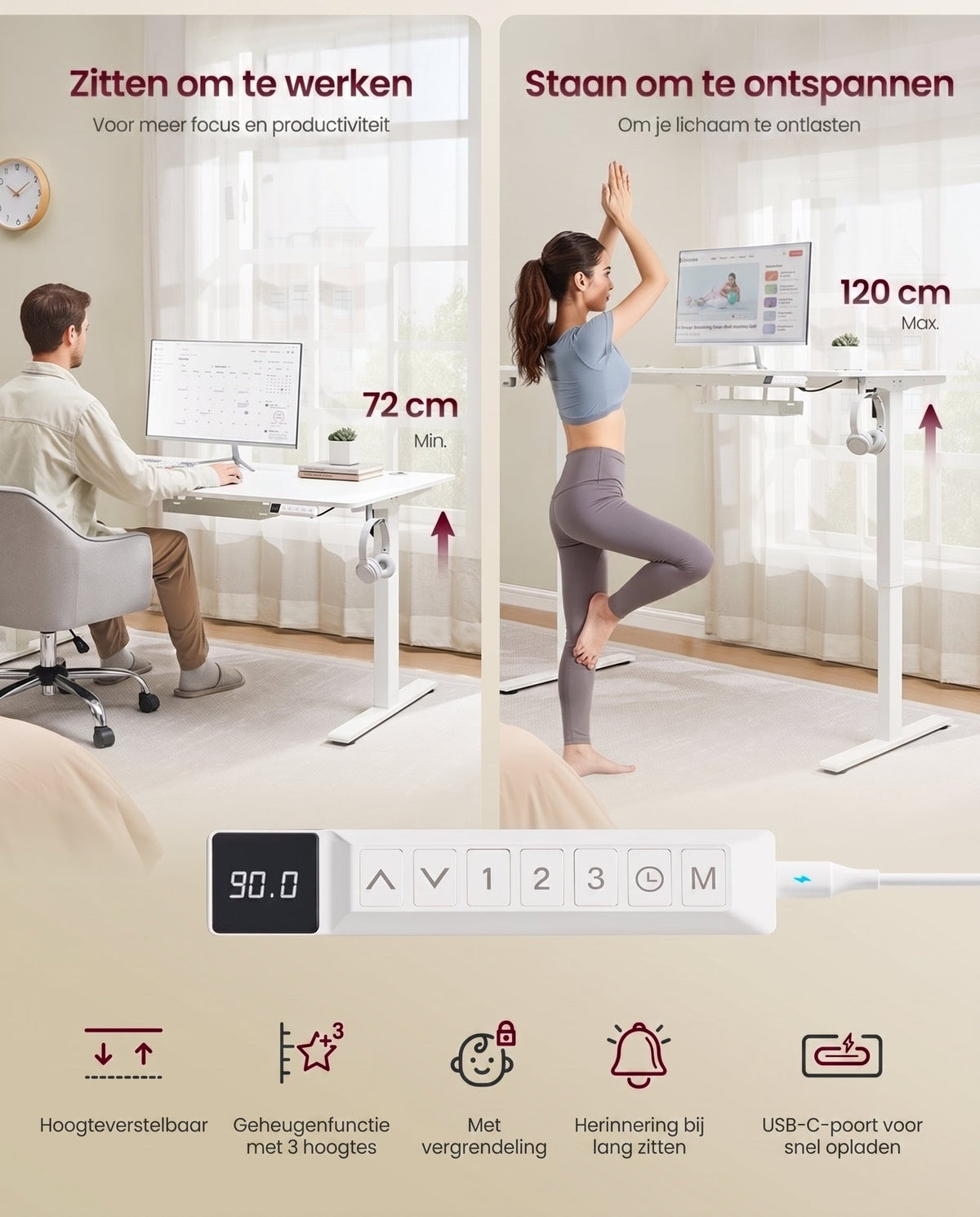Elektrisch Zit-Sta Bureau met USB-C Snellader en Plank voor Stekkerdoos, 80 cm Diep