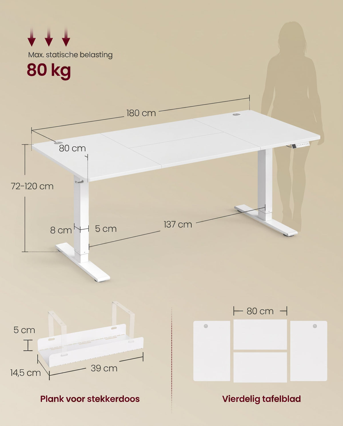 Elektrisch Zit-Sta Bureau met USB-C Snellader en Plank voor Stekkerdoos, 80 cm Diep