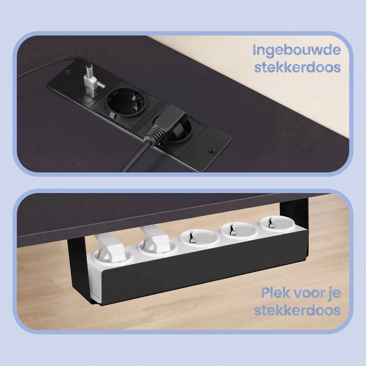 Elektrisch Zit-Sta Hoekbureau met Stopcontacten en Wielen, 160 x 140 cm