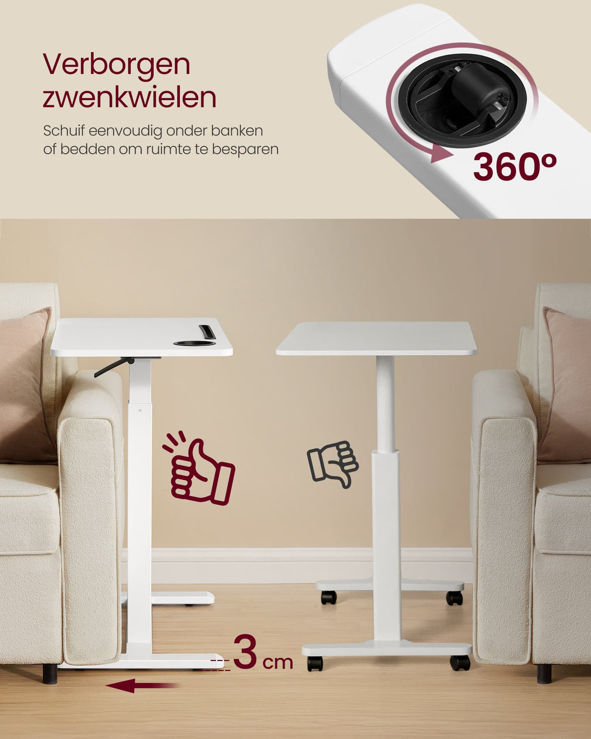 Mobiele Bijzettafel op Wielen met Verstelbare Hoogte en Bekerhouders