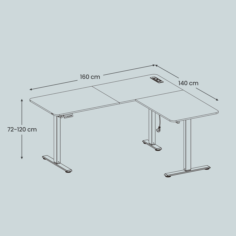 Elektrisch Zit-Sta Hoekbureau met Stopcontacten en Wielen, 160 x 140 cm