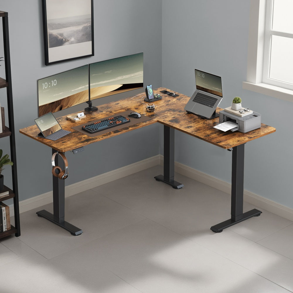 Elektrisch Zit-Sta Hoekbureau met Stopcontacten en Wielen, 160 x 140 cm