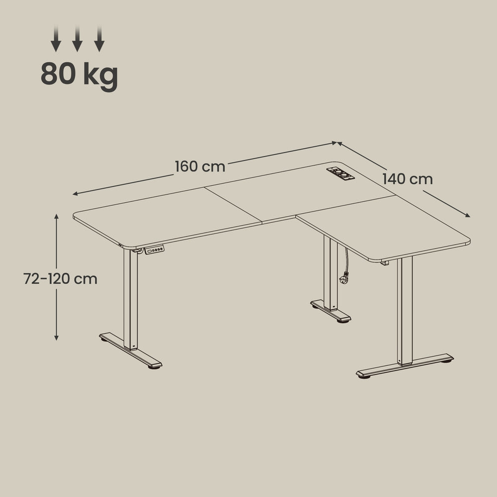 Elektrisch Zit-Sta Hoekbureau met Stopcontacten en Wielen, 160 x 140 cm