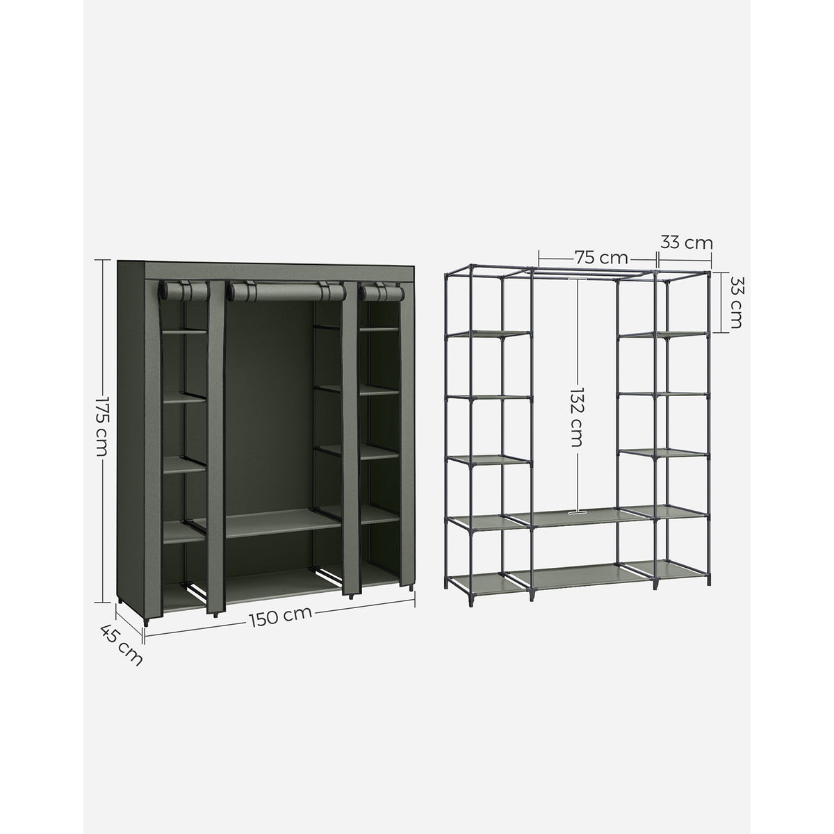 Stoffen Kledingkast met 12 Planken, Kledingroede en 3 Roldeuren, 150 x 45 x 175 cm