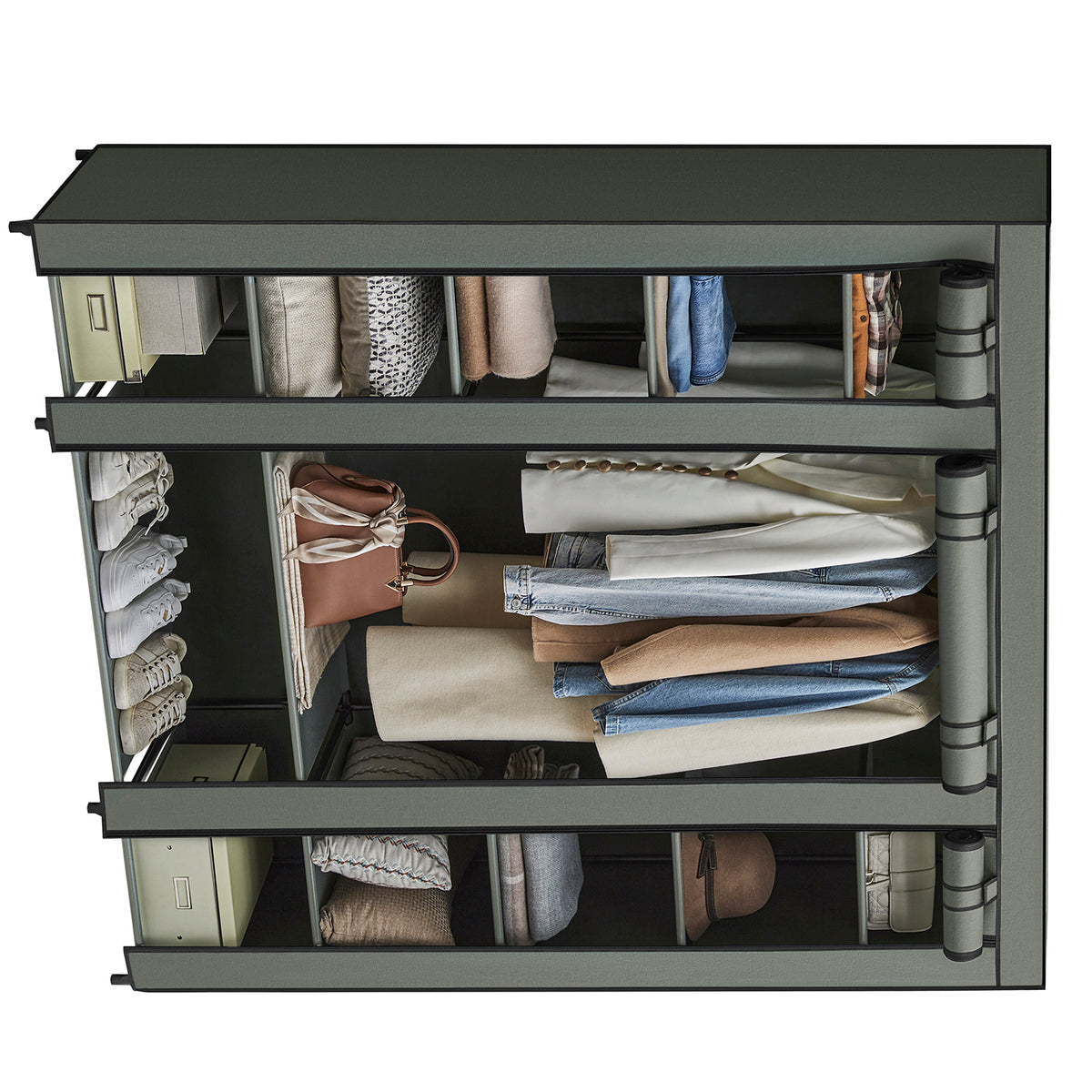 Stoffen Kledingkast met 12 Planken, Kledingroede en 3 Roldeuren, 150 x 45 x 175 cm