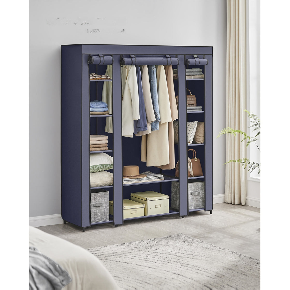 Stoffen Kledingkast met 12 Planken, Kledingroede en 3 Roldeuren, 150 x 45 x 175 cm