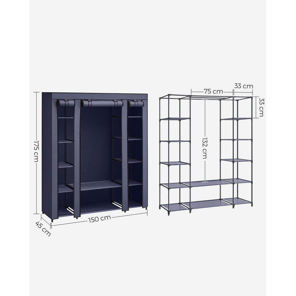 Stoffen Kledingkast met 12 Planken, Kledingroede en 3 Roldeuren, 150 x 45 x 175 cm