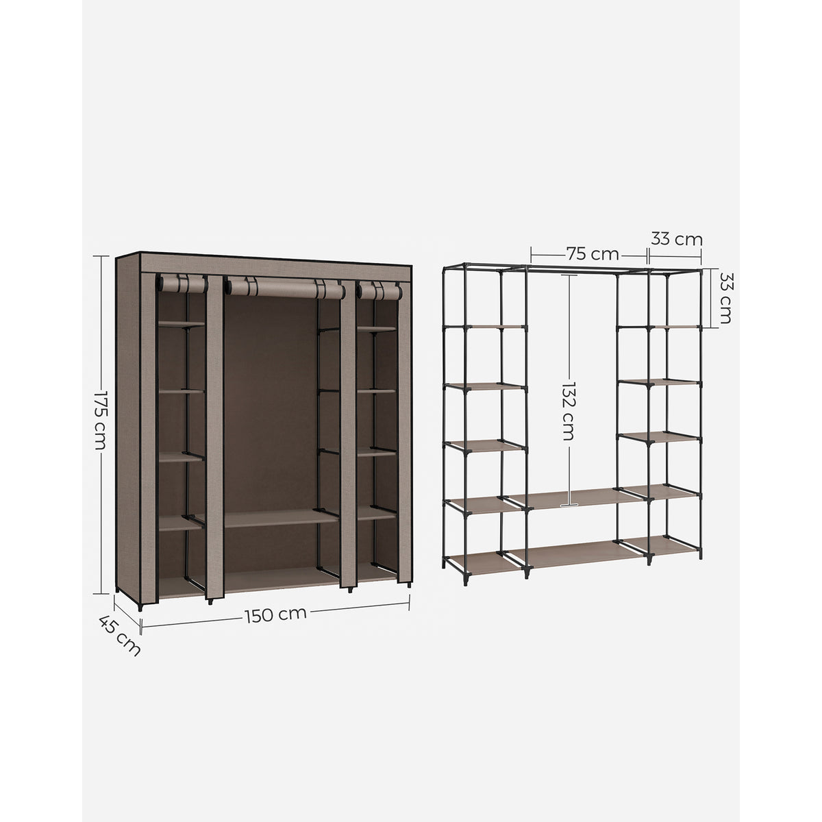 Stoffen Kledingkast met 12 Planken, Kledingroede en 3 Roldeuren, 150 x 45 x 175 cm