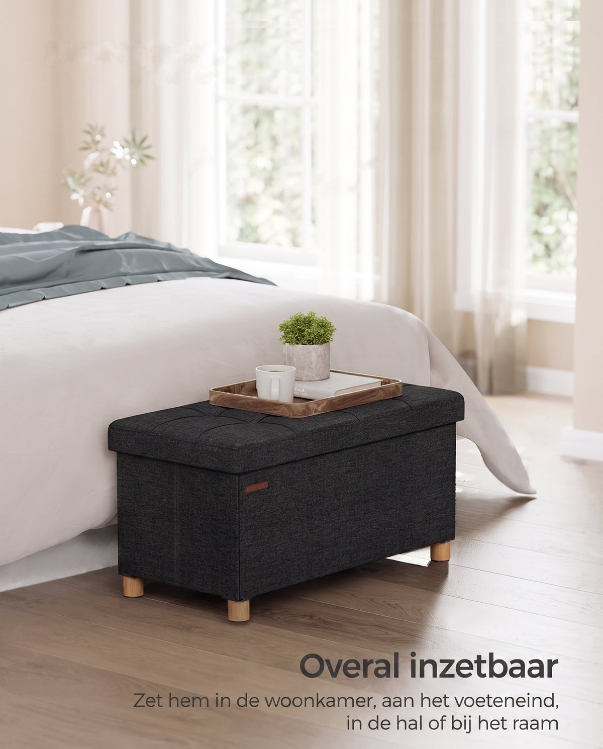Opbergbank met Deksel en Houten Poten, 76 of 110 cm