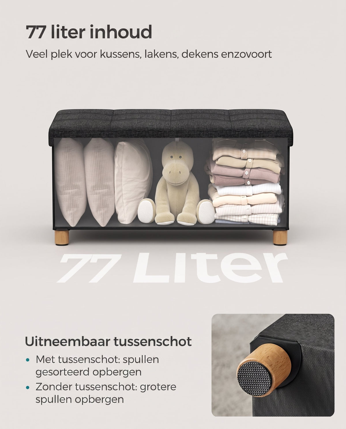 Opbergbank met Deksel en Houten Poten, 76 of 110 cm