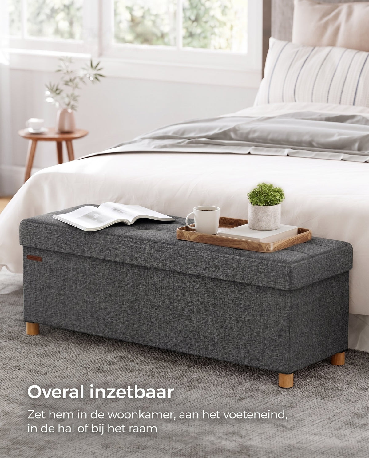 Opbergbank met Deksel en Houten Poten, 76 of 110 cm