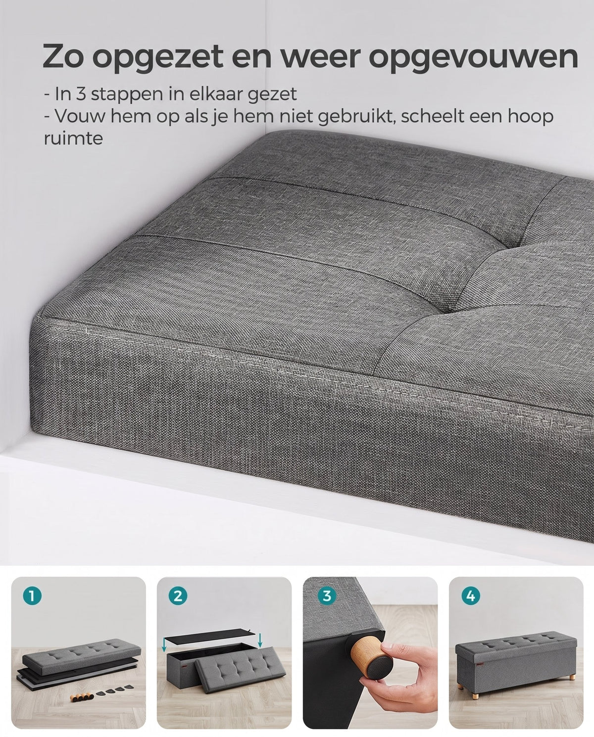 Opbergbank met Deksel en Houten Poten, 76 of 110 cm