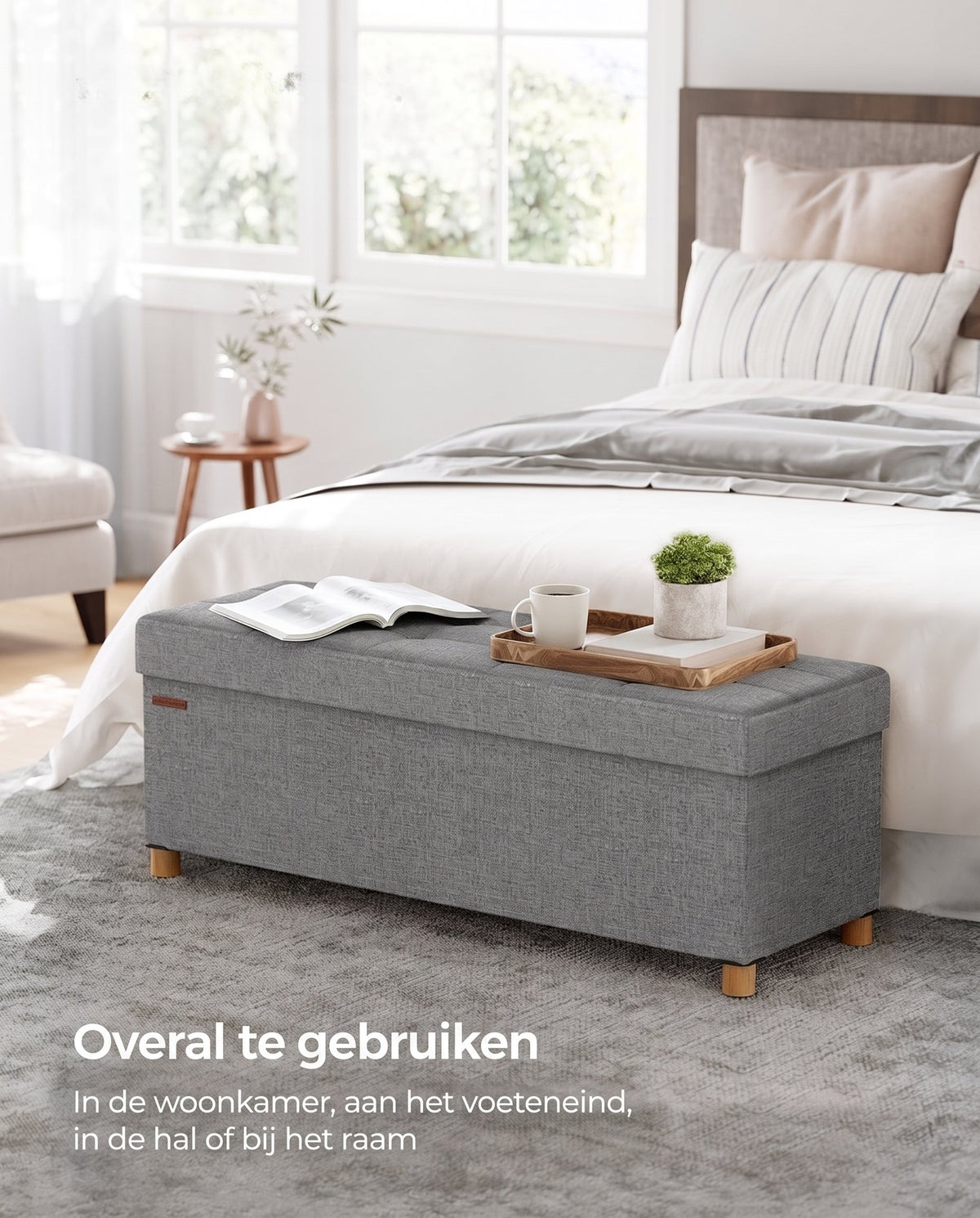 Opbergbank met Deksel en Houten Poten, 76 of 110 cm