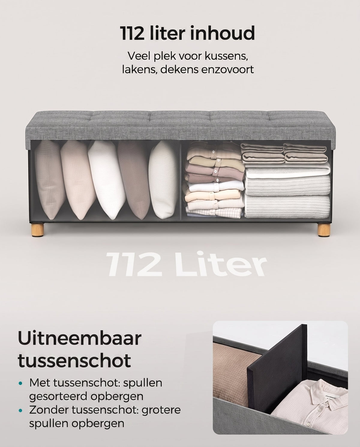 Opbergbank met Deksel en Houten Poten, 76 of 110 cm