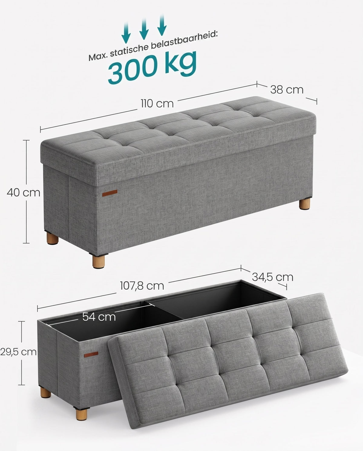 Opbergbank met Deksel en Houten Poten, 76 of 110 cm