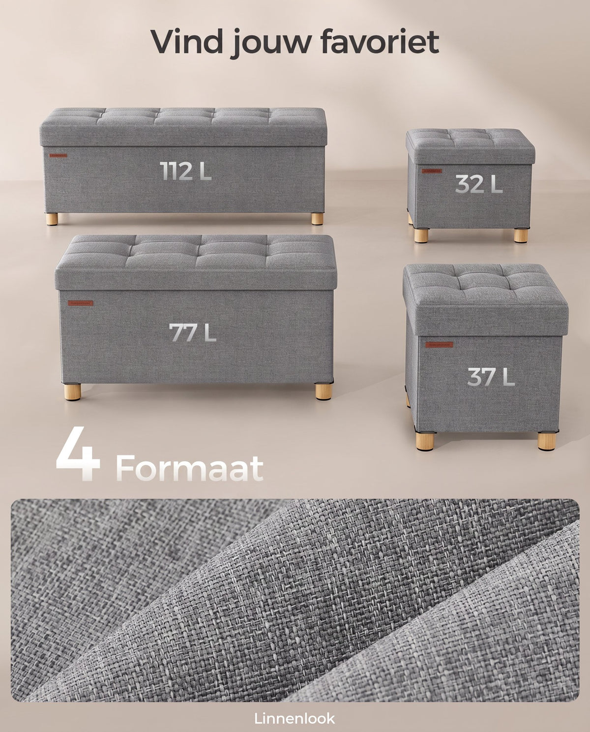 Opbergbank met Deksel en Houten Poten, 76 of 110 cm