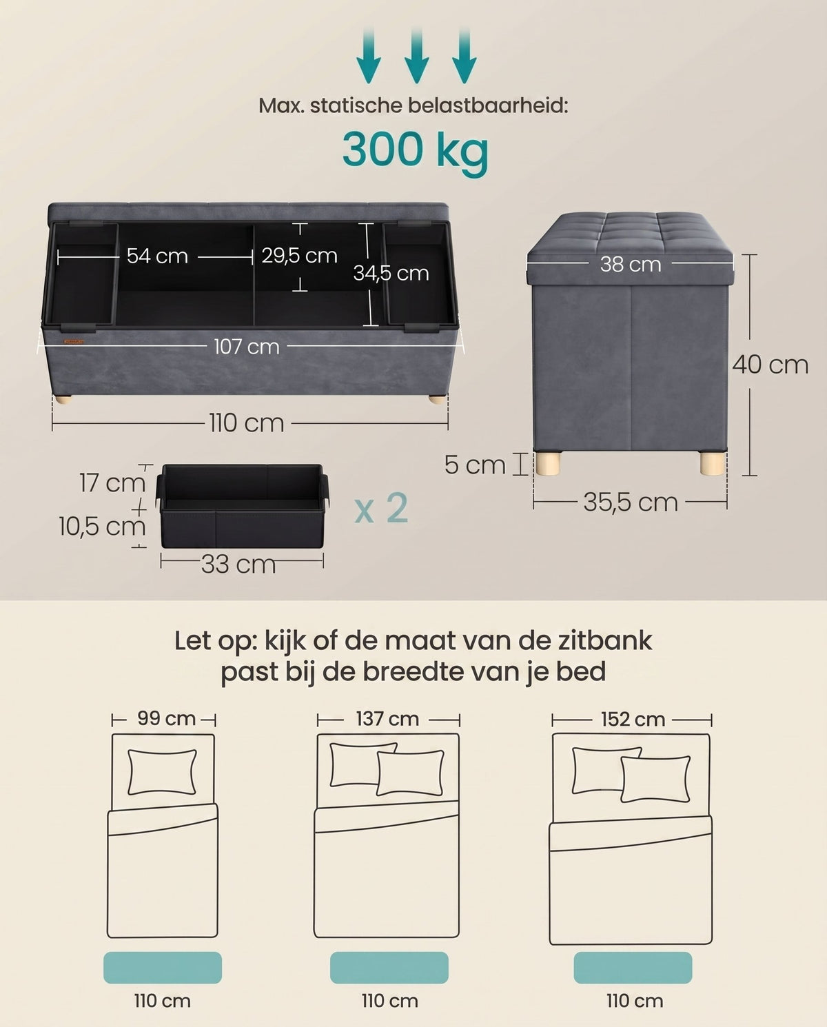 Opvouwbare Opbergbank met Deksel en Fluwelen Zitting, 110 cm