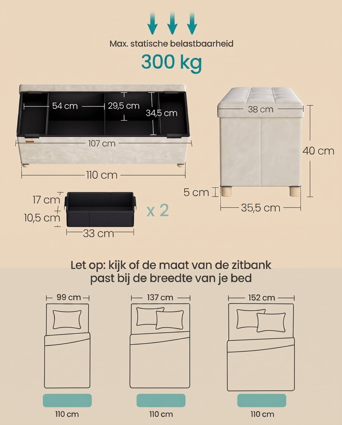Opvouwbare Opbergbank met Deksel en Fluwelen Zitting, 110 cm