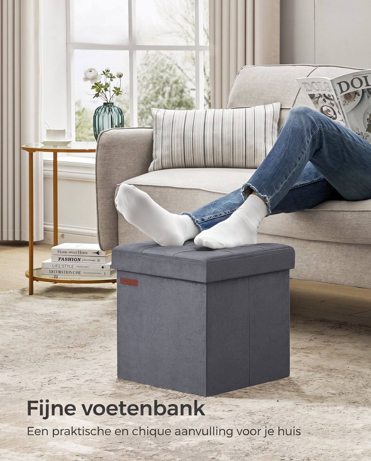 Opvouwbare Opbergpoef van Fluweel met Deksel