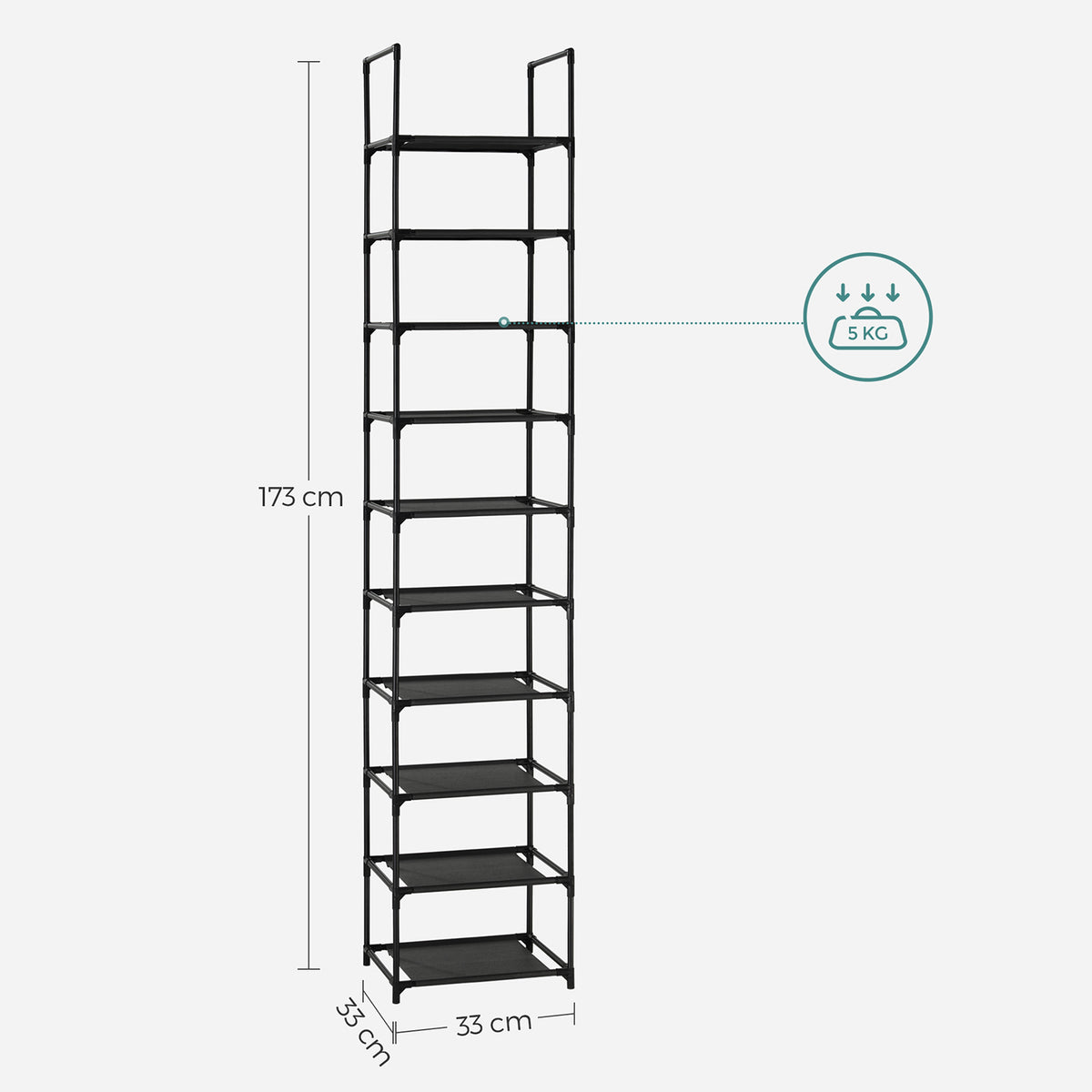 Smal Schoenenrek met 10 Niveaus, 33 x 33 x 173 cm