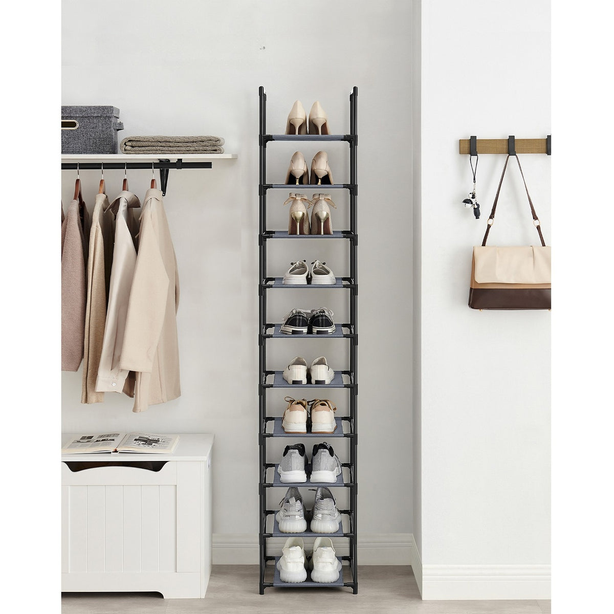 Smal Schoenenrek met 10 Niveaus, 33 x 33 x 173 cm
