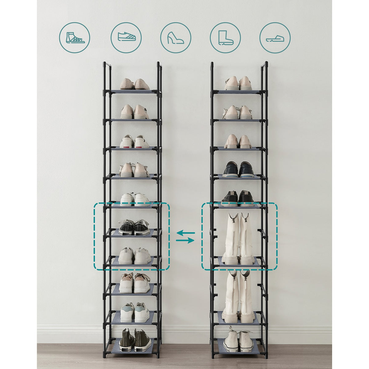 Smal Schoenenrek met 10 Niveaus, 33 x 33 x 173 cm