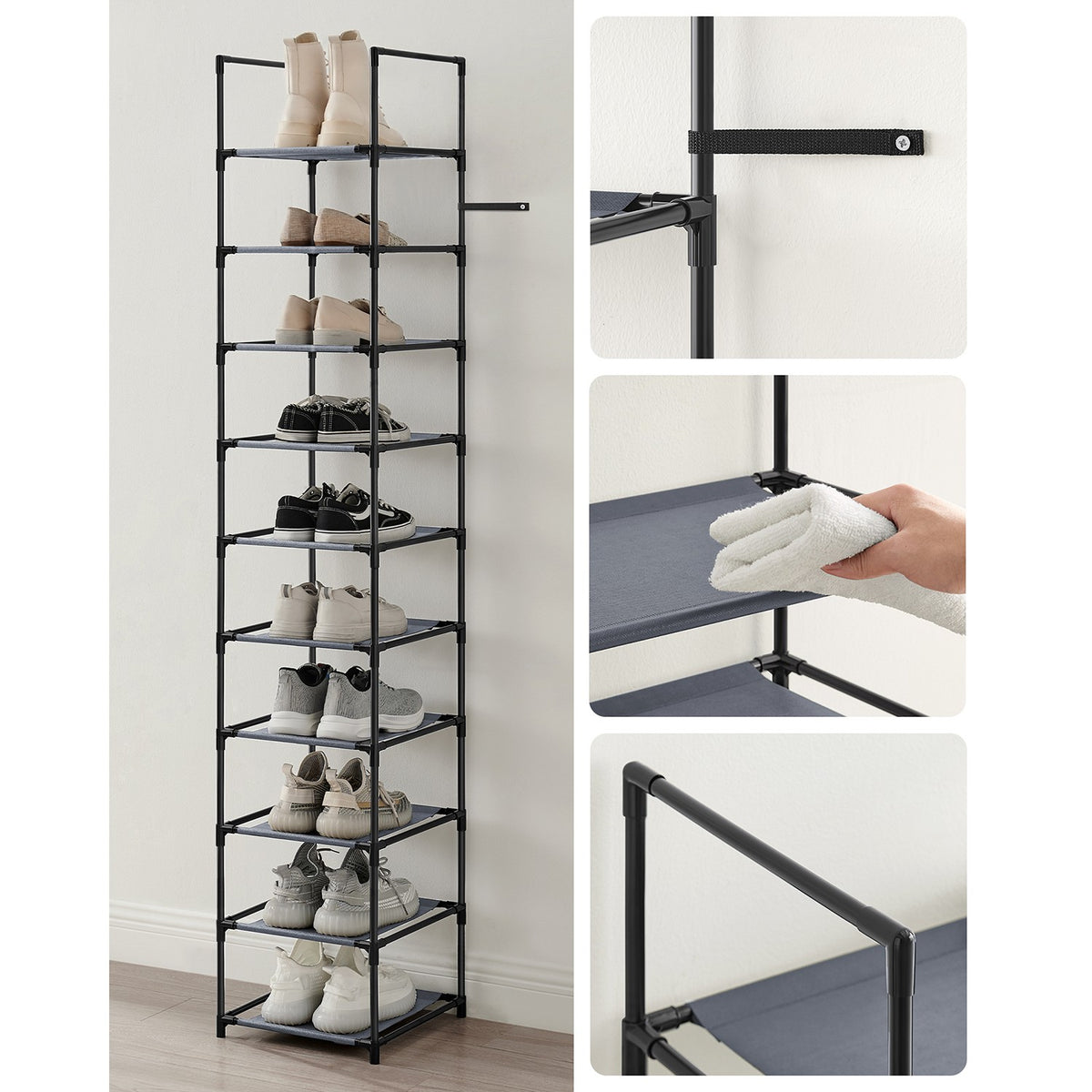 Smal Schoenenrek met 10 Niveaus, 33 x 33 x 173 cm