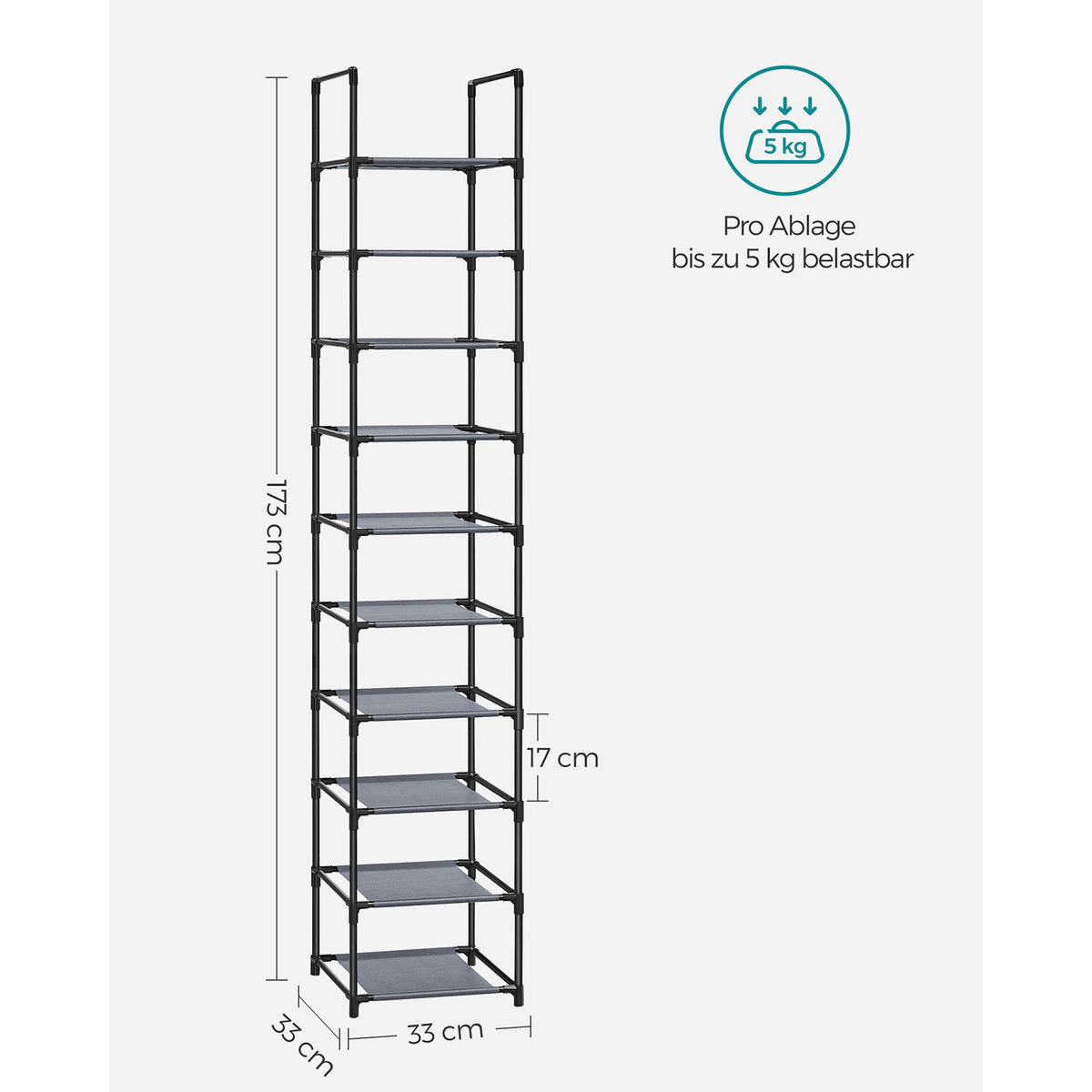 Smal Schoenenrek met 10 Niveaus, 33 x 33 x 173 cm