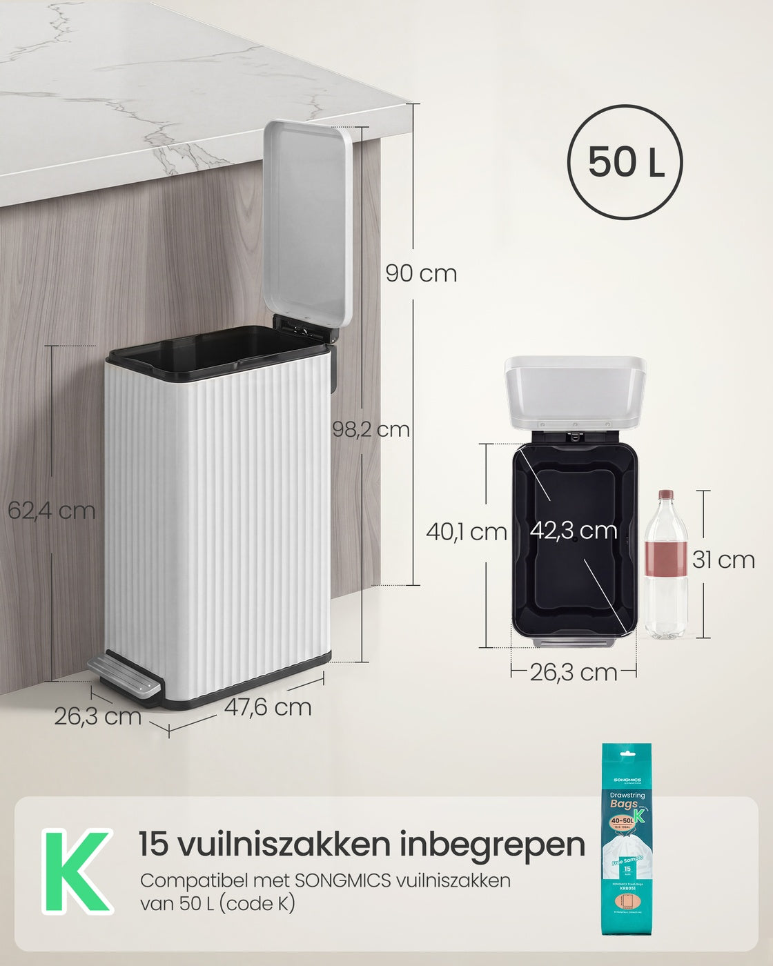 Pedaalemmer van 50 Liter met Softclose-deksel en Uitneembare Binnenemmer